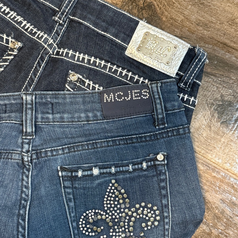 Miss Chic Y2K Rhinestone Fleur De Lis Denim Jeans‎ Bundle, Dark Wash, 7